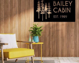 Targa in metallo personalizzata con nome per baita, targa in metallo personalizzata con albero di pino, regalo personalizzato, regalo in stile rustico, targa per casa di montagna, targa con nome di famiglia