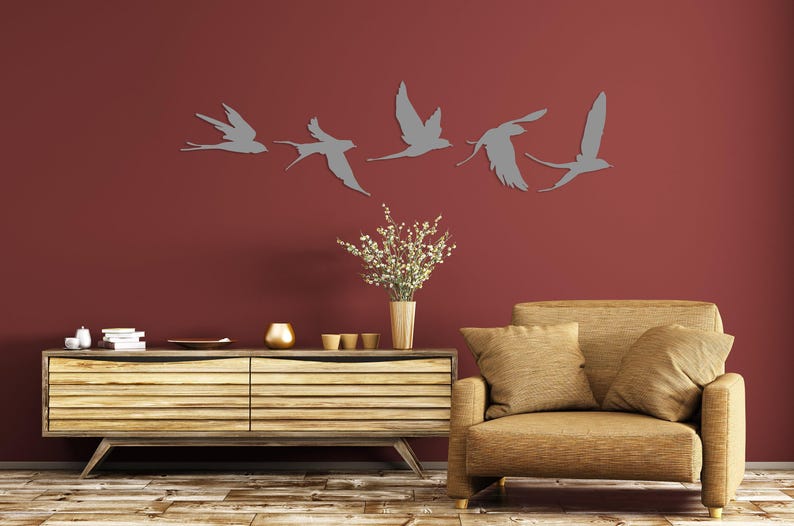 Birds Metal Wall Decor Set of 5, Metal Garden Decor, Minimal Birds Wall Art, Housewarming Gift, Unique Home Decor, Earthy Wall Decor, Birds Silver
