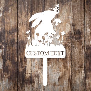 Metal Custom Name Rabbit Garden Stake, Bunny Garden Sign, Your Own Text Garden Decorations, Yard Decor Art, Gardener Gift, Mom's Garden Sign White