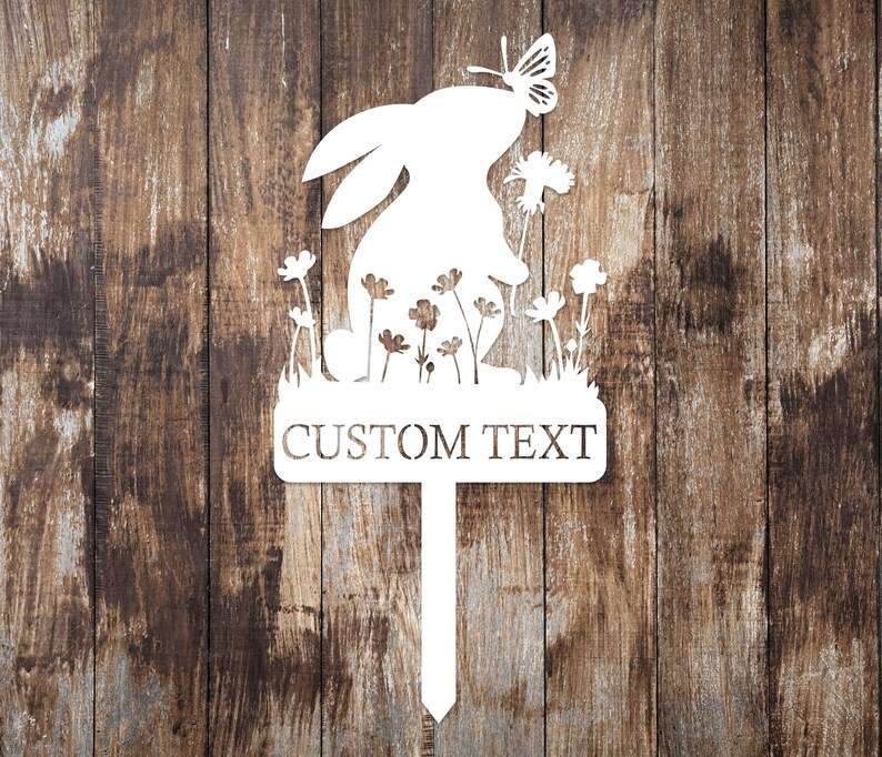 Metal Custom Name Rabbit Garden Stake, Bunny Garden Sign, Your Own Text Garden Decorations, Yard Decor Art, Gardener Gift, Mom's Garden Sign White