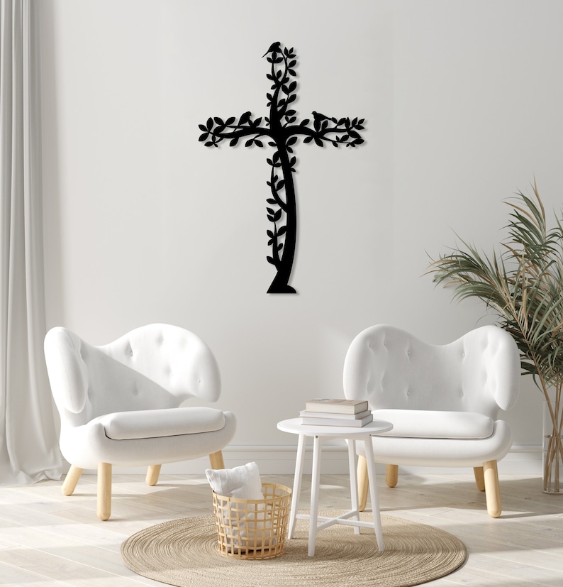 Cross Metal Wall Art, Tree and Birds Living Cross Hanging, Religious Home Accent, Jesus Metal Sign, Christian Wall Decor, Religious Gift,Art image 2