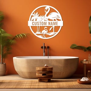 Custom Metal Flamingo Sign, Tropical Flamingo Sign, Personalized Gift, Patio Steel Decor, Outdoor Pool Sign,Lake House Gift,Beach Home Decor White