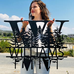 Custom Pine Tree Design Monogram Metal Sign, Family Name Sign, Forest Style Monogram, Last Name Decor, Personalized Wedding Anniversary Gift