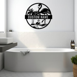 Custom Metal Flamingo Sign, Tropical Flamingo Sign, Personalized Gift, Patio Steel Decor, Outdoor Pool Sign,Lake House Gift,Beach Home Decor Black