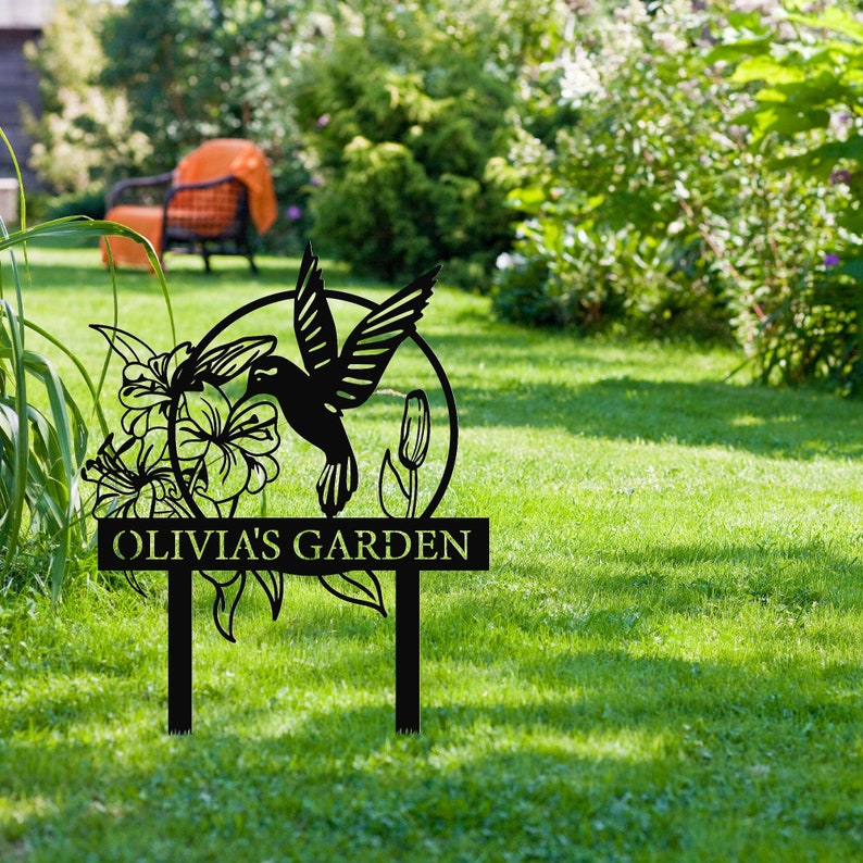 Custom Hummingbird Metal Garden Decor, Bird with Stakes Garden Sign,Flower Design Personalized Garden Sign,Custom Garden Name Sign,Home Gift image 1