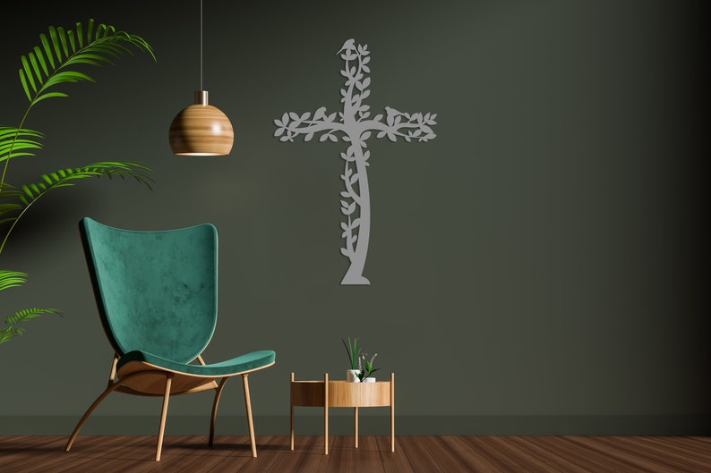 Cross Metal Wall Art, Tree and Birds Living Cross Hanging, Religious Home Accent, Jesus Metal Sign, Christian Wall Decor, Religious Gift,Art Silver