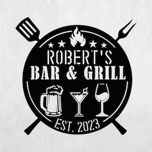 Personalized Bar And Grill Metal Sign, Custom Outdoor BBQ Sign, Rustic Grill Decor,Patio Mancave Wall Decor,Metal Outdoor Sign,Name Est Sign image 1