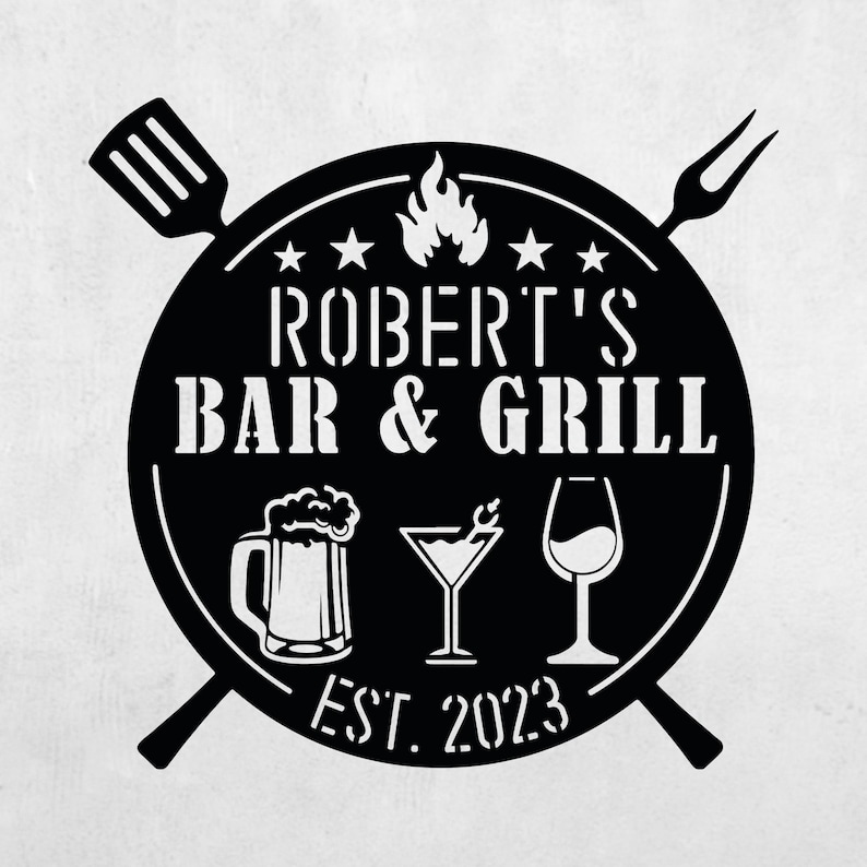 Personalized Bar And Grill Metal Sign, Custom Outdoor BBQ Sign, Rustic Grill Decor,Patio Mancave Wall Decor,Metal Outdoor Sign,Name Est Sign image 1