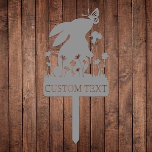 Metal Custom Name Rabbit Garden Stake, Bunny Garden Sign, Your Own Text Garden Decorations, Yard Decor Art, Gardener Gift, Mom's Garden Sign Silver