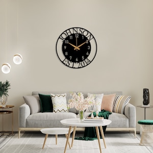 Custom Name and EST Large Metal Wall Clock, Silent Clock for Wall, Personalized Last Name Clock, New Home Gift, Oversize Clock, Family Gift image 8