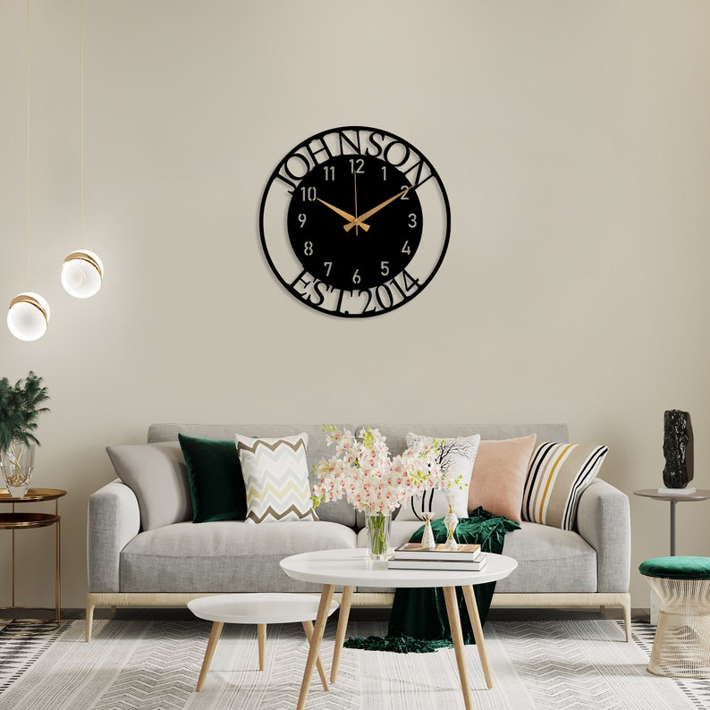 Custom Name and EST Large Metal Wall Clock, Silent Clock for Wall, Personalized Last Name Clock, New Home Gift, Oversize Clock, Family Gift image 8