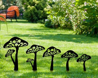 Metal Mushroom Garden Stakes, Outdoor Yard Art Gift, Whimsical Fairy Garden Decor, Rustic Steel Mushroom Silhouettes, Lawn Ornaments Gifts