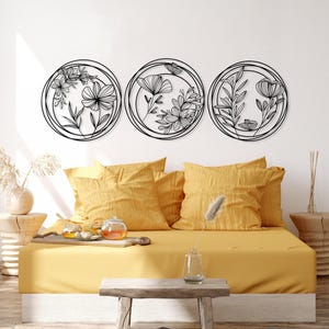 Metalen bloemen muurkunst set van 3, uniek woondecor, 3 stuks muurdecoratie, decoratie boven bed, modern designdecor, lentebloemen muurkunst