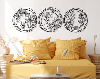 Metal Flowers Wall Art Set of 3, Unique Home Decor, 3 Pieces Wall Hanging, Above Bed Decor, Modern Design Decor, Spring Flowers Wall Art
