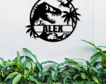 Gepersonaliseerde dinosaurusnaam muurbord, aangepaste dinosauruskunst, Jura-naambord, kinderkamerdecor, buiten T-Rex decor, verjaardagscadeau voor jongens