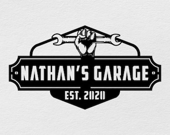 Letrero de garaje de metal personalizado, arte mural de garaje personalizado, letrero para cueva de hombre, decoración de taller de coches, diseño de herramientas para colgar en el garaje, regalo para papá, arte para exteriores