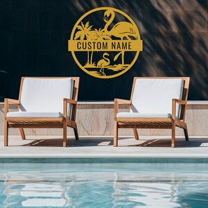 Custom Metal Flamingo Sign, Tropical Flamingo Sign, Personalized Gift, Patio Steel Decor, Outdoor Pool Sign,Lake House Gift,Beach Home Decor Gold