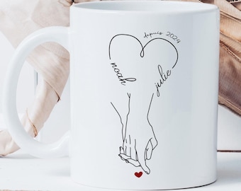 Taza de regalo del Día de San Valentín - Taza de pareja romántica - Tazas de amantes - Nombres personalizables Manos en el corazón Minimalista Romántico