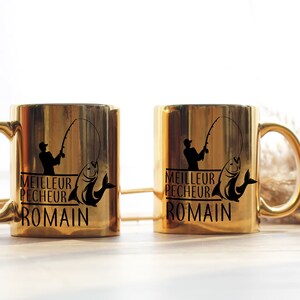 Fisherman First Name Mug - Personalizable Ceramic Mug - Original Fishing Gift Idea for Men Fishermen Fish - Gold Gold Silver