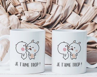 Mug I Love You Too - Ceramic Cup - Valentine's Day Gift Idea - Rabbits - Kiss - Heart Love Couple - Lovers