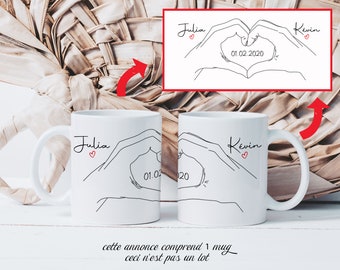 1 Mug Couple - Mains en Cœur - Tasse en Céramique - Idée Cadeau Saint-Valentin  Prénom Personnalisable - Amoureux Cœurs Amour