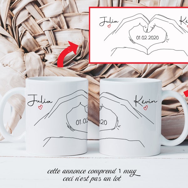 1 Mug Couple - Mains en Cœur - Tasse en Céramique - Idée Cadeau Saint-Valentin  Prénom Personnalisable - Amoureux Cœurs Amour