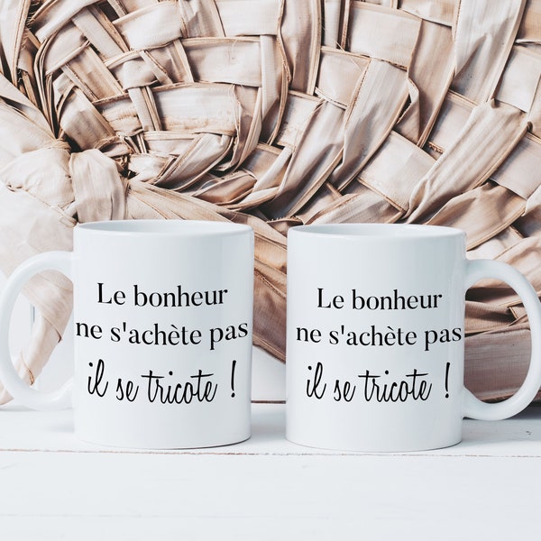 Mug Le Bonheur Se Tricote - Tasse en Céramique Personnalisée - Idée Cadeau Originale Femme - Collègues Copine Tricot Tricoter Tricoteuse