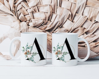 Mug Lettre en Fleurs de Coton Personnalisable - Tasse en Céramique Personnalisée - Idée Cadeau Originale Fleuris - Alphabet Initiale Femme