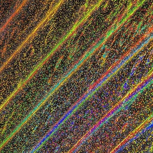 May include: Abstract digital art with diagonal lines in a spectrum of colors, including red, orange, yellow, green, and blue, against a dark background. The lines have a textured, glittery appearance, creating a dynamic and vibrant visual effect.