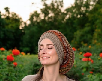 Hand Knit Drapey Beanie: Colorful Boho Style Wool Acrylic Beanie