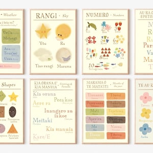 May include: Set of 8 printable educational posters in a light beige colour with brown borders. Each poster features a different topic in the Maori language, including weather, sky, numbers, days of the week, shapes, greetings, months of the year, and colours. The posters are illustrated with colourful drawings of stars, clouds, numbers, flowers, and other objects.