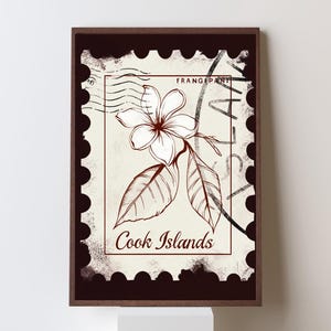 Puede incluir: Un sello postal de estilo vintage con un borde marrón y una flor blanca con detalles rojos. El sello dice "Cook Islands" y "Frangipani".