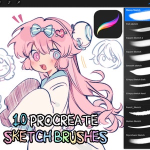 Puede incluir: Una ilustración digital de un personaje de anime de pelo rosa con un lazo en el pelo. La imagen está acompañada de un conjunto de 10 pinceles de boceto de Procreate, cada uno con un estilo y una textura diferentes. Los nombres de los pinceles están listados en el lado derecho de la imagen.