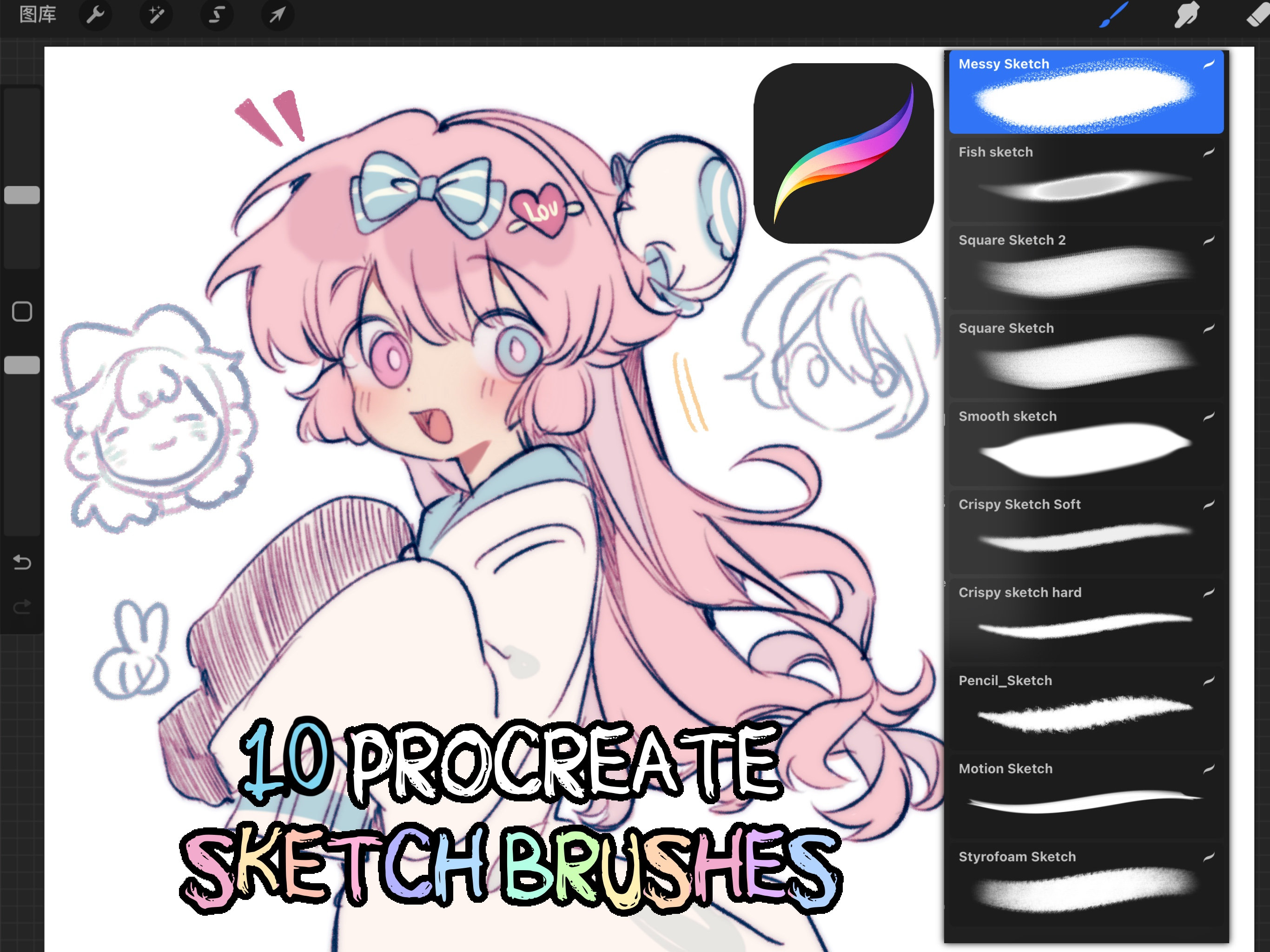 10 pinceles de boceto de anime para Procreate en iPad