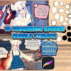 May include: A digital illustration of 39 speech bubble stamps for Procreate, featuring a variety of shapes and sizes. The image also includes five pattern brushes with a dotted design.