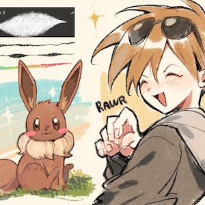 Pode incluir: Uma ilustra&ccedil;&atilde;o de desenho animado de um Pok&eacute;mon Eevee marrom com um colar marrom claro e uma cauda marrom claro. O Eevee est&aacute; em p&eacute; em um peda&ccedil;o de grama verde. Uma ilustra&ccedil;&atilde;o de desenho animado de uma pessoa com cabelo castanho e &oacute;culos de sol sorri e aponta para a direita. A pessoa est&aacute; vestindo um moletom cinza e tem a palavra "RAWR" escrita em branco acima de sua m&atilde;o.