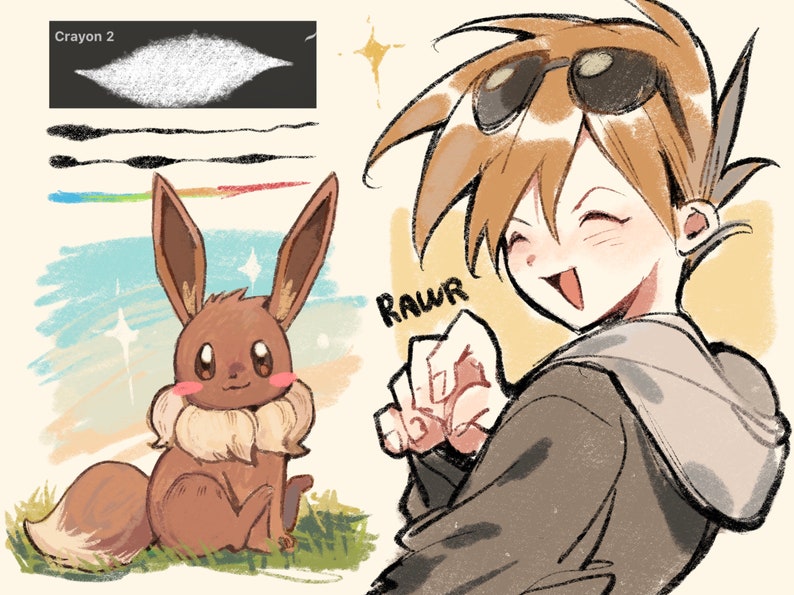 Pode incluir: Uma ilustra&ccedil;&atilde;o de desenho animado de um Pok&eacute;mon Eevee marrom com um colar marrom claro e uma cauda marrom claro. O Eevee est&aacute; em p&eacute; em um peda&ccedil;o de grama verde. Uma ilustra&ccedil;&atilde;o de desenho animado de uma pessoa com cabelo castanho e &oacute;culos de sol sorri e aponta para a direita. A pessoa est&aacute; vestindo um moletom cinza e tem a palavra "RAWR" escrita em branco acima de sua m&atilde;o.