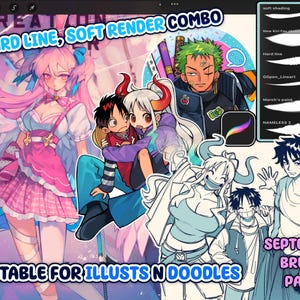 Könnte beinhalten: Digitale Illustration mit Anime-Charakteren und Pinselstrichen. Der Text enthält "6 HARD LINE, SOFT RENDER COMBO" und "SUITABLE FOR ILLUSTS N DOODLES". Eine Seitenleiste zeigt Pinseloptionen. Der Text "SEPTEMBER BRUSH PACK" ist ebenfalls sichtbar.