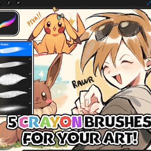May include: Five colorful crayon brushes for digital art. The brushes are displayed in a digital art program with a cartoon image of a Pokemon character in the background.