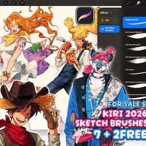 May include: Digital illustration featuring three anime-style characters and a menu interface for Procreate brushes. The text reads FOR SALE $ KIRI 2026 SKETCH BRUSHES 7 + 2FREE. The characters include a woman with orange hair, a man eating fries, and a wolf-like figure.