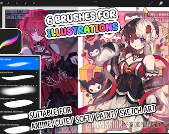 Könnte beinhalten: Eine digitale Illustration, die sechs verschiedene Pinsel zum Erstellen von Anime-, niedlichen, weichen, gemalten und skizzierten Kunstwerken zeigt. Der Text "6 BRUSHES FOR ILLUSTRATIONS" befindet sich oben in der Mitte des Bildes. Der Text "SUITABLE FOR ANIME/CUTE/SOFT/PAINT/SKETCH ART" befindet sich unten links im Bild. Der Text "PRIVATE REQUEST SAMPLE USAGE" befindet sich oben rechts im Bild.