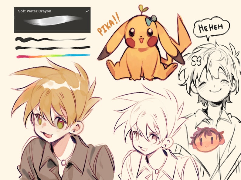 Pode incluir: Uma ilustra&ccedil;&atilde;o digital de um personagem de desenho animado com cabelo amarelo e uma camisa verde, um personagem de desenho animado com cabelo branco e uma camisa branca, um personagem de desenho animado amarelo com rubor vermelho e uma folha verde na cabe&ccedil;a, e um personagem de desenho animado com cabelo castanho e uma camisa branca. A ilustra&ccedil;&atilde;o &eacute; desenhada em um estilo aquarela suave.