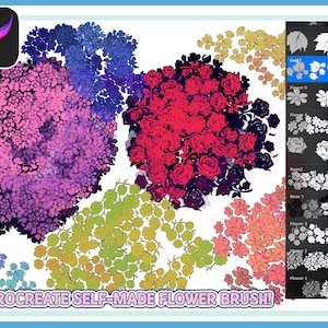 May include: 11 Procreate self-made flower brushes. The image shows a variety of flower brushes in different colors and styles, including roses, daisies, and hydrangeas. The brushes are arranged in a circular pattern on a white background.