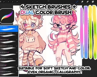 4 sketchy procreate brushes, With Dual colors version!