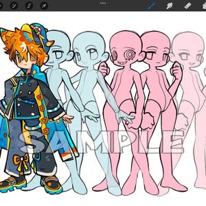 May include: Digital illustration of a character with orange hair and a blue and black outfit, standing in front of several outline figures. The word "SAMPLE" is written across the bottom of the image. The character has a detailed design with yellow and orange accents.
