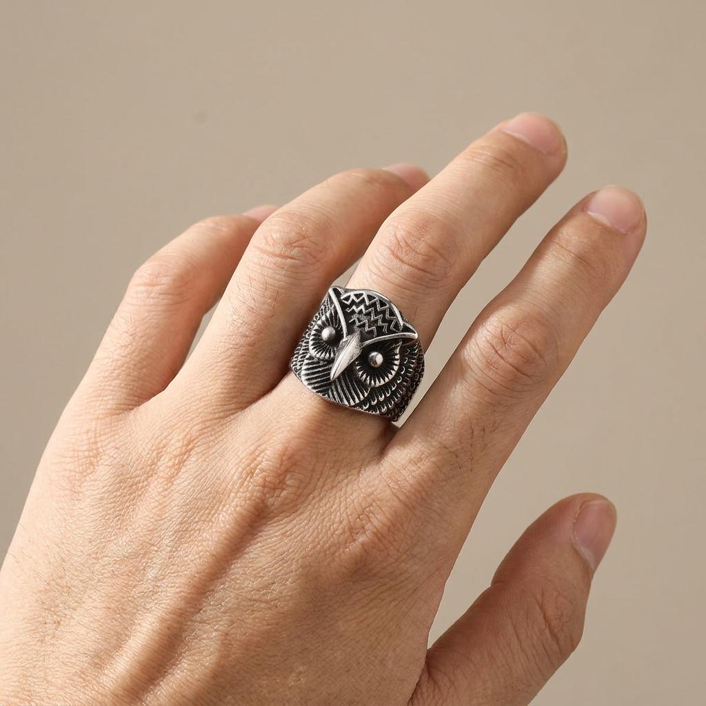 Owl Ring &ndash; Wisdom Symbol Ring, Spiritual Animal Jewelry, Gothic Vintage Ring, Stainless Steel 
