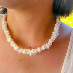 Può includere: Una collana di conchiglie bianche fatta di piccoli pezzi piatti di conchiglie. La collana è indossata da una persona con una carnagione chiara.