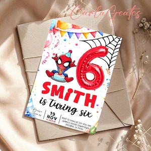 May include: A birthday invitation featuring a Spider-Man theme. The design includes a red number 6 balloon, a Spider-Man character, and the text "SMITH is turning six." Additional details include the date, time, and RSVP information.