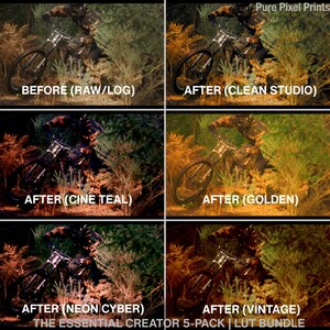 May include: A split image showcasing a mountain biker on a bicycle, with color grading effects. The text includes "BEFORE (RAW/LOG)" and various "AFTER" styles: Clean Studio, Cine Teal, Golden, Neon Cyber, and Vintage. The text "THE ESSENTIAL CREATOR 5-PACK | LUT BUNDLE" is also present.