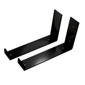 May include: Two black metal shelf brackets, each with a 90-degree angle and multiple holes for mounting.